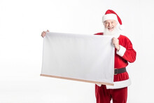 Santa Claus Holding A White Sign On A White Background, Ai.