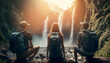 © Adin - Back view tourist of hiker with backpack walks in tropical waterfall at sunset. Generation AI