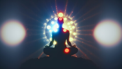 Wall Mural - astral yoga silhouette of human in cosmic space meditate. back view man practicing transcendental sp
