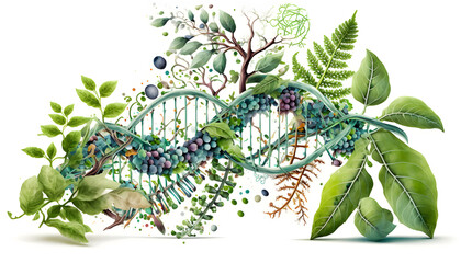 Wall Mural - DNA and plant and Gene therapy, Biology laboratory nature. Concept biochemistry structure on white isolated background. Generation AI