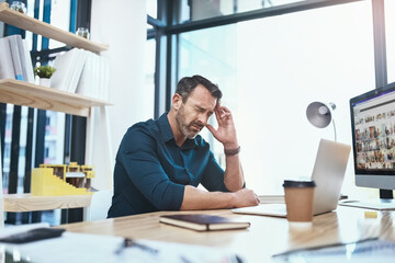 Aufkleber - Stress, headache and businessman with laptop in the office while working on a corporate project. Medical emergency, healthcare and mature male employee with a migraine and pain in the workplace.