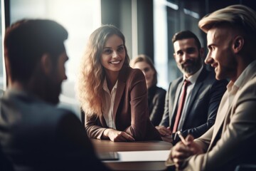 Smiling people sit in a meeting room. Generative ai