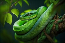 Green Snake On Tree. AI