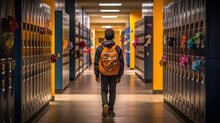 Schoolboy Walks Down School Hallway Created With Generative AI Technology