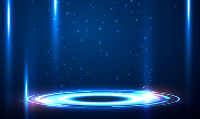 Poster - 3d Futuristic Podium for technology product display.Hi-tech circle Futuristic 3D stage. HUD hologram projector, podium or pedestal for presentation, GUI, UI. Virtual reality podium or portal. Vector