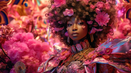 Beautiful black model with hairstyle and in a dress of flowers created with generative AI technology