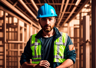 Young man in hard hat at construction site. Portrait of male construction worker on background of building under construction. Generative AI.