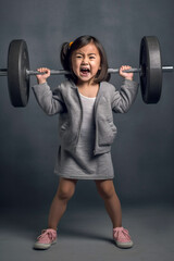 Wall Mural - A little girl with a angry expression expressing strength, lifts a heavy barbell - ai generative