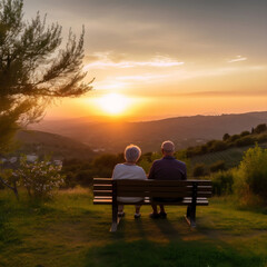 Elderly romantic couple sitting on a bench watching the sunset over a valey