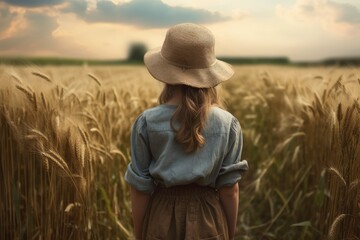 Wall Mural - Farmer girl with hat farm field. Generate Ai