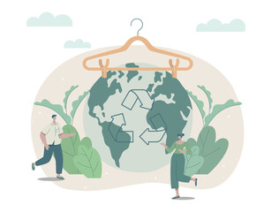 eco friendly sustainable, slow fashion concept with clothes hanger on earth planet, recycle, reuse a