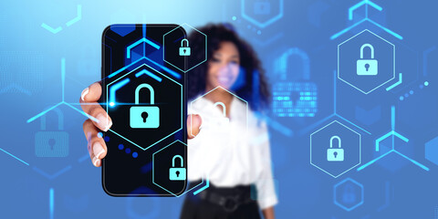 Poster - Businesswoman with smartphone, cybersecurity interface