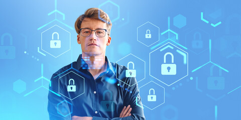 Poster - Businessman with arms crossed, lock and cybersecurity, data protection