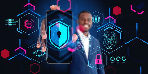 Poster - Smiling businessman with smartphone showing cybersecurity interf
