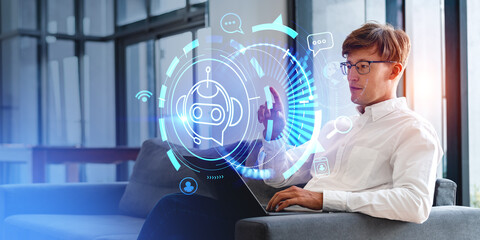 Poster - Businessman finger touch digital hologram with virtual assistant, chat bot