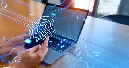 Poster - Man hands with laptop and smartphone, fingerprint interface
