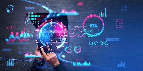 Poster - Businessman finger touch phone, laptop and big business data research