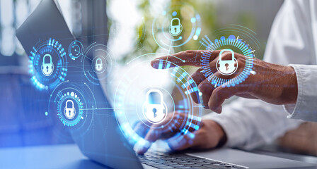 Poster - businessman finger point at cybersecurity hologram with lock circuit, computer