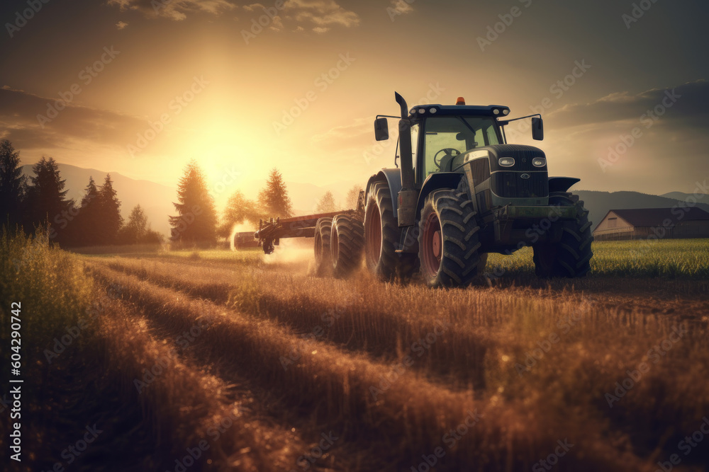 Modern Tractor Working in a Field at Sunset, Depicting Machinery Used ...