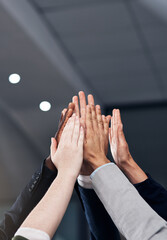 Poster - High five, success and hands of business people in office for celebration, team building and motivation. Corporate, collaboration and workers with hand together for agreement, support and team goal