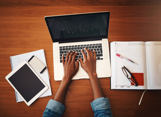 Poster - Woman hands, online typing and laptop with education and learning notes at home. Top, female person and computer working with studying, student notebook and writing in a house doing web research