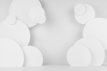 Poster - white soft light abstract stage with pattern of circles fly as decor in urban geometric style, scene