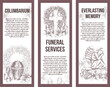 A hand-drawn set of vector funeral service banners.  Sketch illustration for condolence card and advertising of columbarium and cemetry with urn for ashes, vintage tombstone angel, wreath, cross
