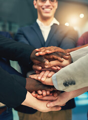 Poster - Teamwork, success and hands stack of business people in office for celebration, team building and motivation. Corporate, collaboration and workers with hand together for solidarity, support and goal