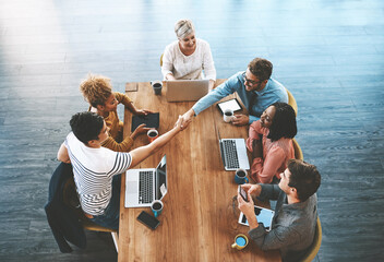 Poster - handshake, above and business people in a meeting for a deal, onboarding and welcome. happy, intervi