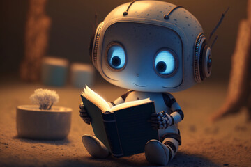 Cute little robot reading a book, concept of education, learning and artificial intelligence, cartoon style, technological progress, generated ai