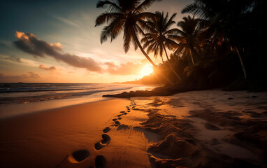 Tropical beach with palm trees and foot steps in the sand. Sunset and warm summer holiday feeling. Shallow field of view. Illustrative generative AI.