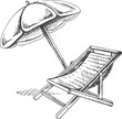 Hand drawn sketch of beach chair with beach umbrella. Vintage vector illustration isolated on white background. Doodle drawing.