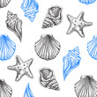 © Mariia Mazaeva - Hand drawn vector illustrations - seamless pattern of seashells and starfish. Marine background. Perfect for invitations, greeting cards, posters, prints, banners, flyers etc