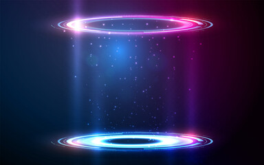 Poster - Abstract digital technology circle UI future HUD virtual interface. Hi-tech circle Futuristic 3D stage. Hologram of digital rings in dark room. GUI, UI. Virtual reality podium or portal. Vector EPS10.