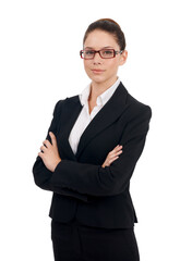 Poster - Professional portrait, arms crossed and woman confidence in legal business work, law firm pride or corporate job career. Justice, studio attorney and female lawyer isolated on white background