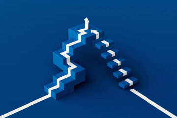 Wall Mural - White arrow following on two stair with blue background, white arrow climbing up over two staircase, 3d stairs with arrow going upward, 3d rendering