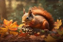 Image Of A Red Squirrel Eating Walnuts In The Forest. Wildlife Animals. Illustration. Generative AI.