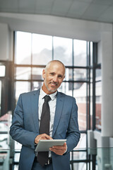 Aufkleber - Tablet, smile and portrait of business man in office for networking, research and digital. Company management, internet and email with senior male ceo for corporate, professional and communication
