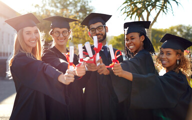 Sticker - Group, graduation and students with a diploma of college or university friends with pride. Diversity men and women outdoor to celebrate education achievement, success and certificate at school event