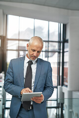 Aufkleber - Tablet, focus and ceo with business man in office for networking, research and digital. Social media, internet and email with senior male employee for corporate, professional and communication
