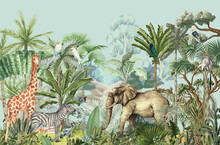 Tropical Jungle Safari, Animal Forest Illustration For Wallpaper Print