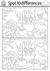 Wall Mural - Find differences game for children. Black and white educational activity with cute crab, sponge, sea landscape. Ocean life line puzzle for kids with boat. Underwater printable coloring page.