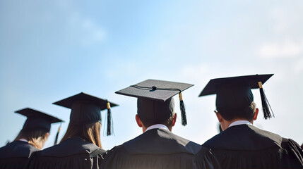 Back view of graduates in gowns and caps on graduation day against a blue sky background. A.I. generated.