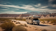 Desert Travel With Camping Trailer, In The Style Of Iconic American, Contemporary. Generative AI