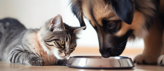 a dog and a cat eat from the same plate, close up, generative ai