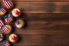 Cupcake Decorated With American Flag For Happy Independence Day 4th July Background. Holidays Table Top View. Generative AI