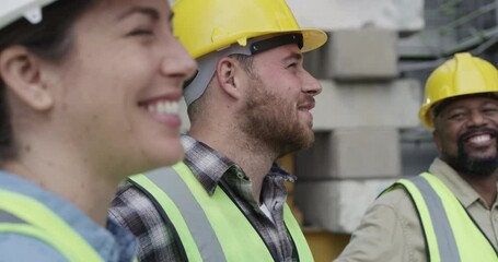 Poster - Collaboration, construction and an engineering team laughing together while working on a project. Meeting, building or planning with an engineer, architect and technician talking while happy on site