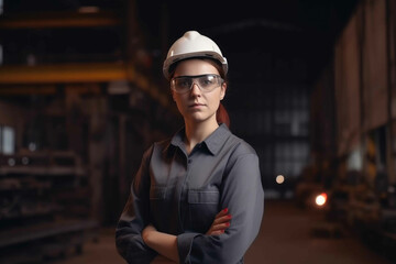 Beautiful Female Industrial Specialist Standing in Metal Construction Facility. Generative AI