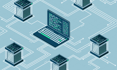 Poster - Abstract isometric high technology concept. Cloud storage isometric illustration. Big data center with server. Server room. Vector illustration