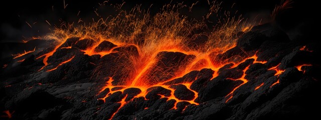 Wall Mural - Seamless lava pattern with small stones, texture for graphic design. Realistic lava flame on black ash background. Texture of molten magma surface. Abstract volcanic lava background. Generative AI